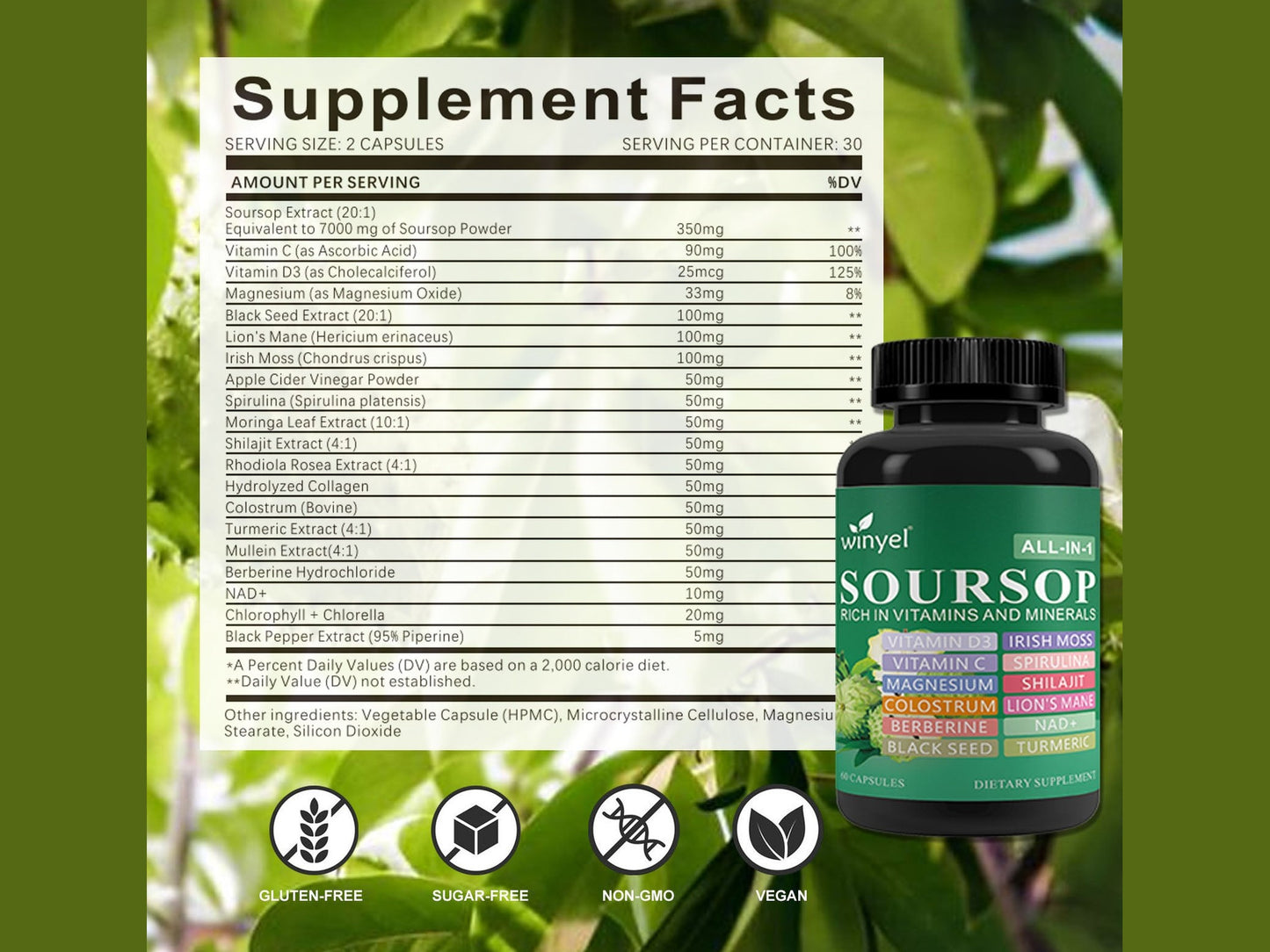 Soursop Supplement Containing 20 Herbal Extracts Including Seaweed, Lion's Mane Mushroom, Turmeric, Black Seed Oil, Oregano, And Mullein, Promoting Overall Health. Vegan, 60 Capsules.