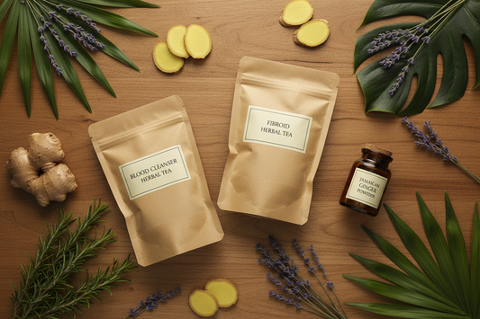 Jamaican Wellness Tea Bundle - Blood Cleanser Tea, Fibroid Herbal Tea, and Ginger Powder flat lay