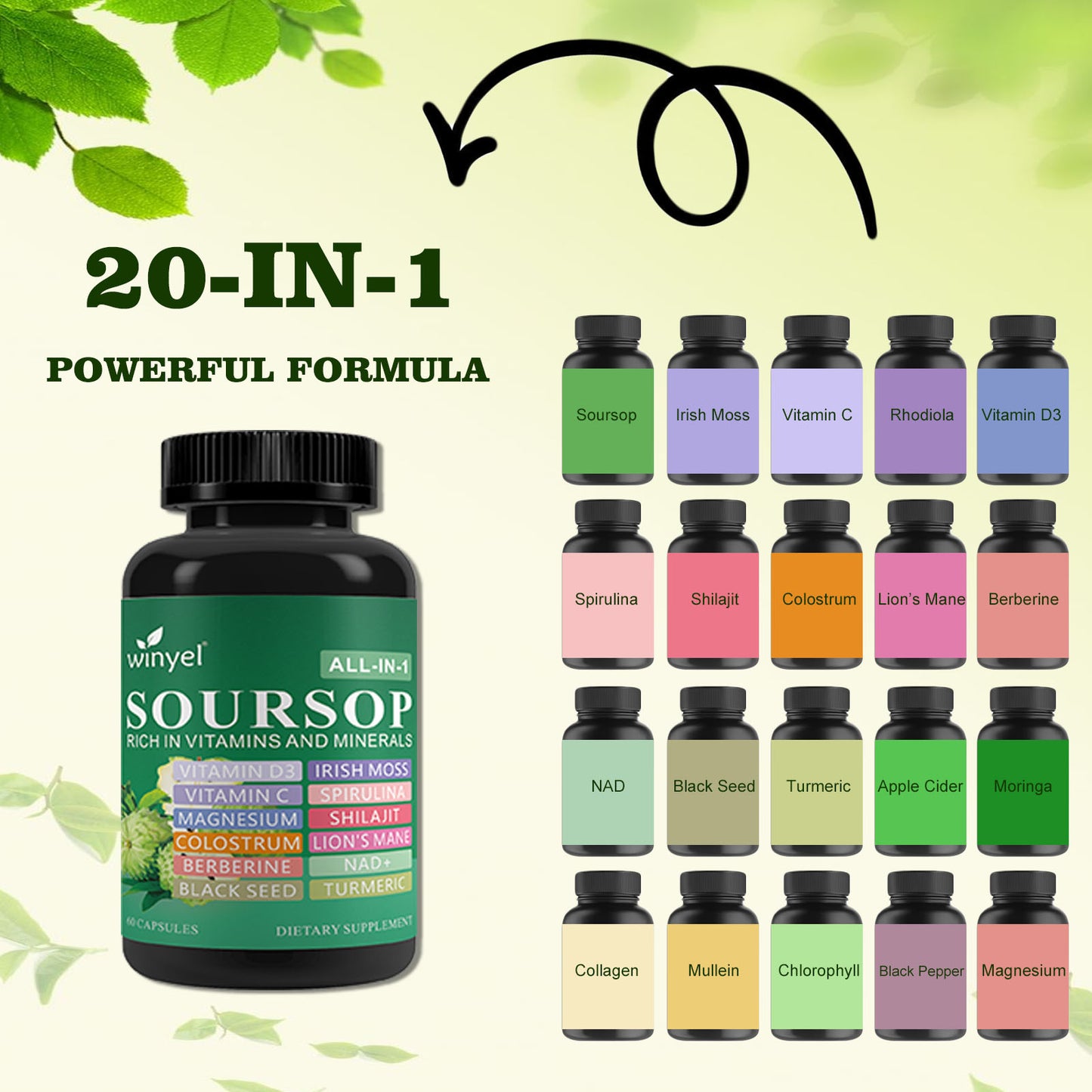 Soursop Supplement Containing 20 Herbal Extracts Including Seaweed, Lion's Mane Mushroom, Turmeric, Black Seed Oil, Oregano, And Mullein, Promoting Overall Health. Vegan, 60 Capsules.