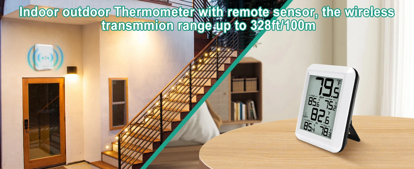 Smart Wireless  Digital Thermometer- Indoor/Outdoor Temp Monitor with Min/Max Records 100m Range Wall Mountable for  Home Office