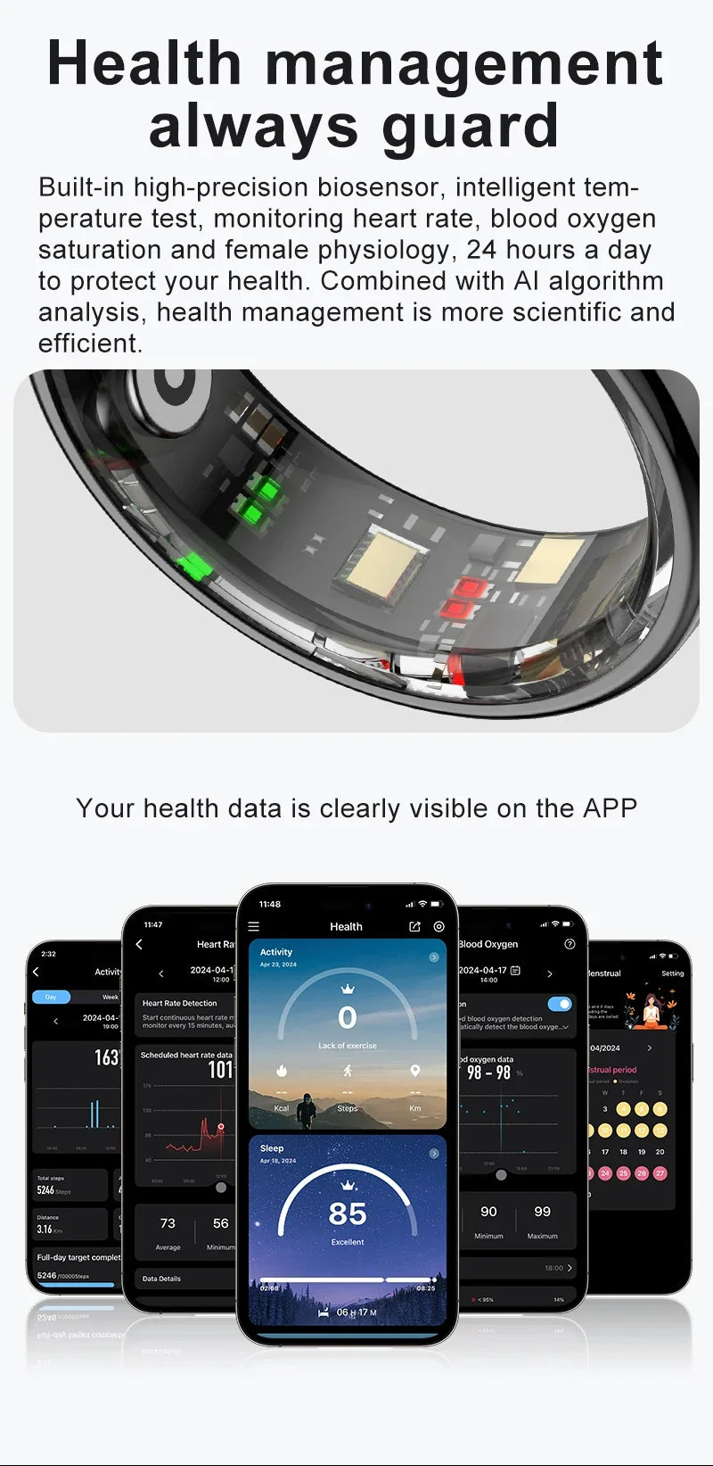 Smart Ring Health and Sleep Tracker Heart Rate Blood Oxygen Monitor Body Temperature Music/Video/Camera Control 5ATM Waterproof
