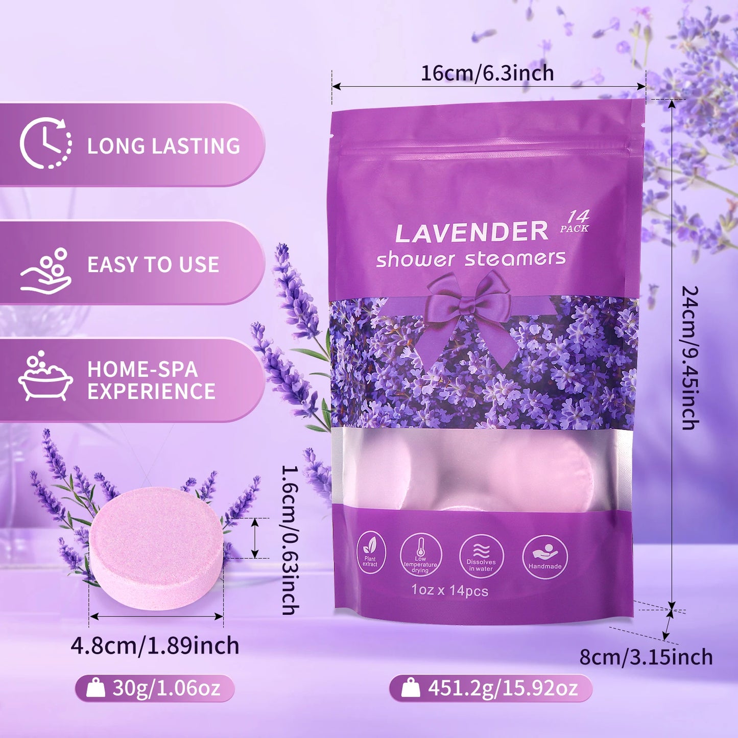 Lavender Shower Bomb Natural Essential Oil Shower Moisturizing Stress Relieving Bath Salt Tablets Suitable for Women and Men