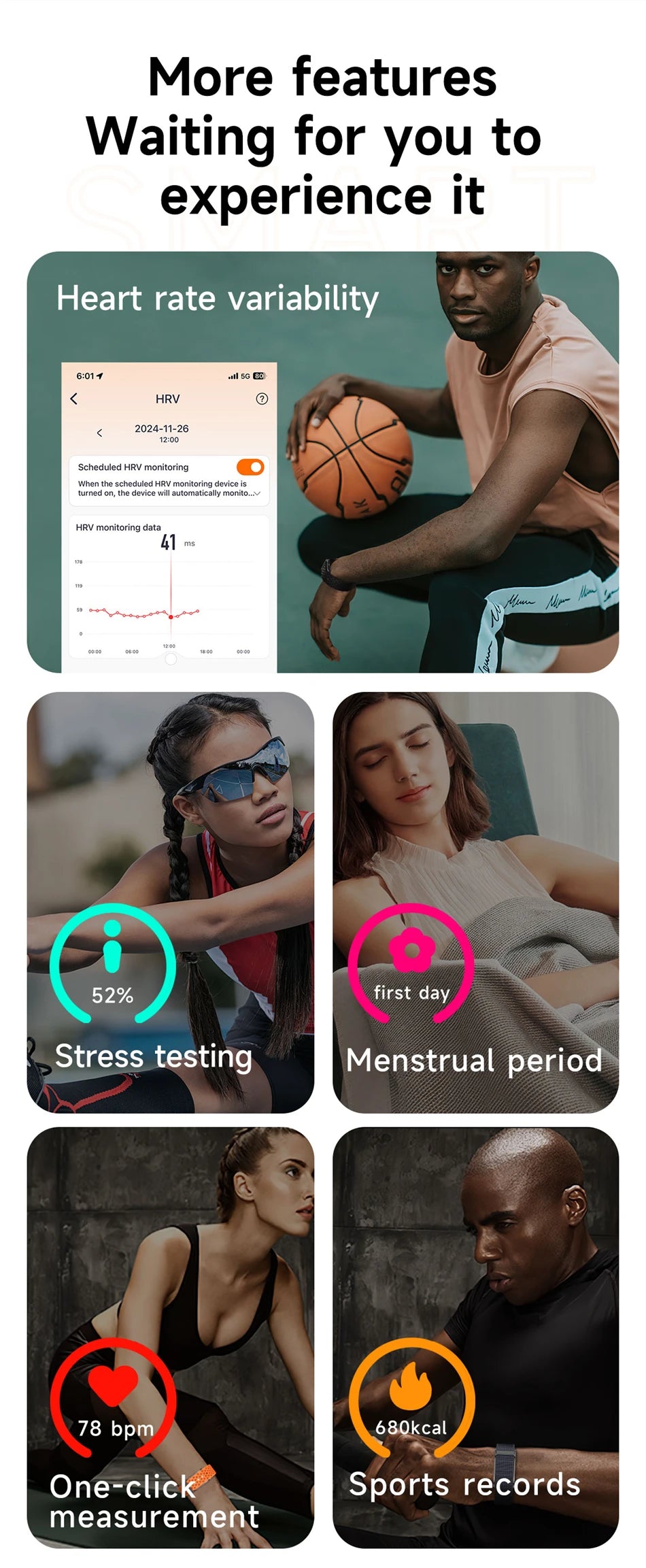 Smart Health Wristband, Wearable Activity Fitness Tracker Multi-Sport Mode All-Day Automatic Continuous Monitoring Health Data