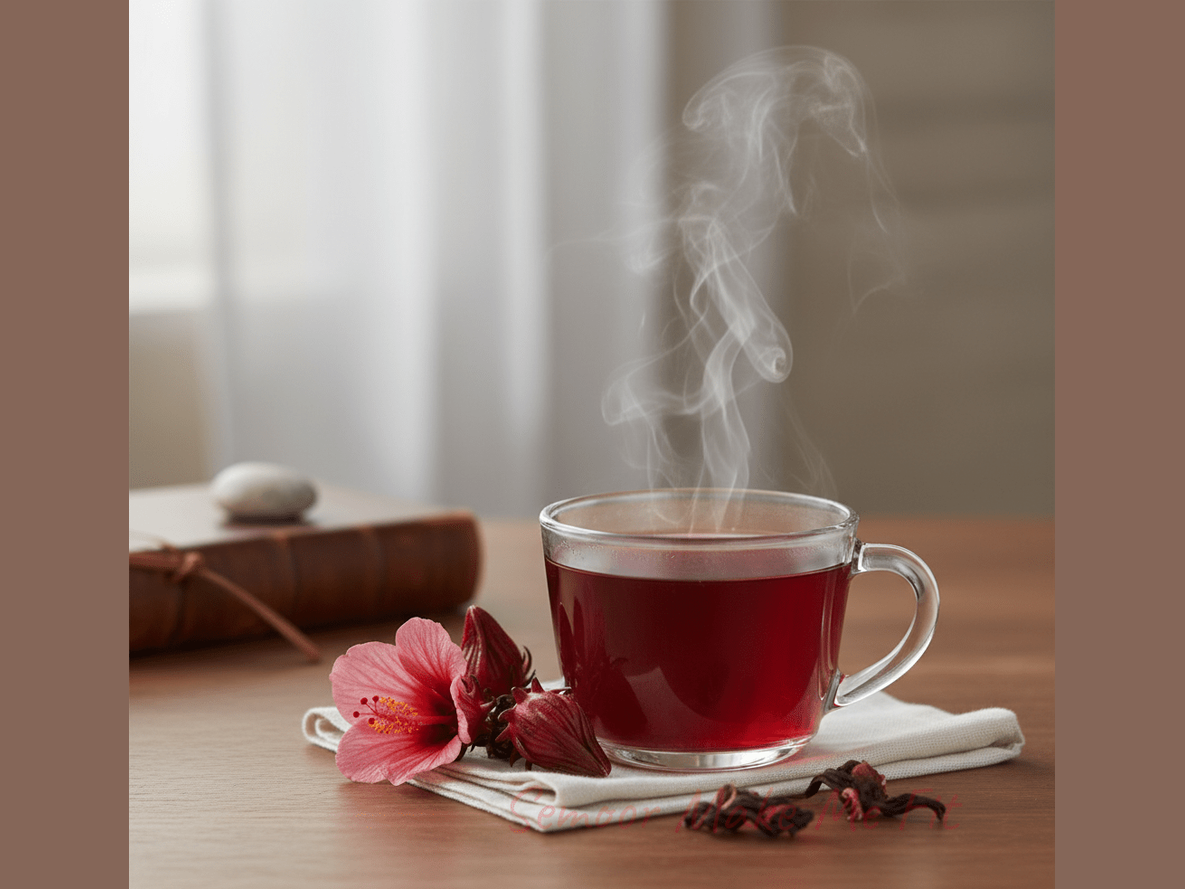 Hibiscus herbal tea in glass - ruby red Jamaican wellness drink
